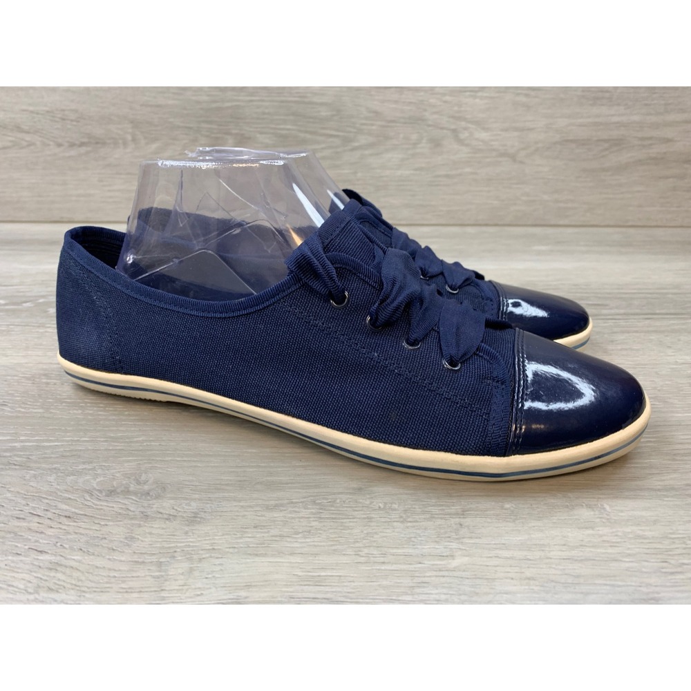 Talbots Women's Sneakers Blue Canvas Low Top Patent Cap Toe Lace‎ Up 10.5 Shoes